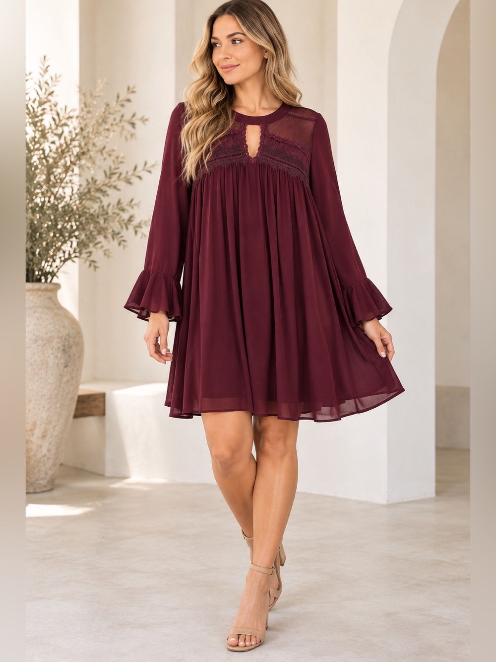 Hint of Mint Burgundy Lace Detail Chiffon Dress XL Long Sleeve Ruffle